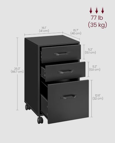 VASAGLE Ink Black Mobile File Cabinet with 3 Drawers & Locking Wheels