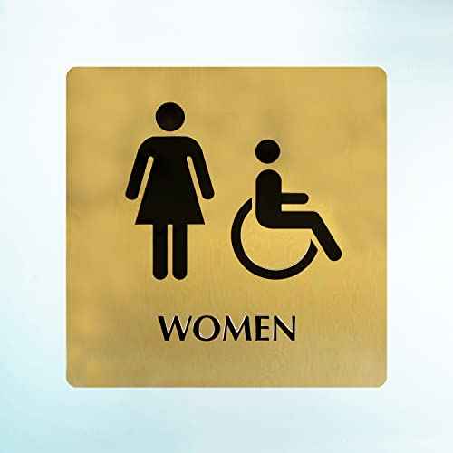 SmartSign 9 x 9 inch Womens Restroom Sign with Women/Handicap Accessible Wheelchair Pictograms, 40 mil Brass Metal, Engraved, Door/Wall Mount Bathroom Sign, Gold and Black