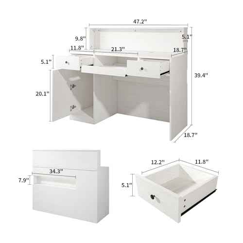 Reception Desk with Counter, Modern Front Table Equipped with Drawers & Keyboard Tray, 47.2-inch Checkout Counter with LED Lights & Power Outlets for Lobbies, Salons, Retail, Home Offices
