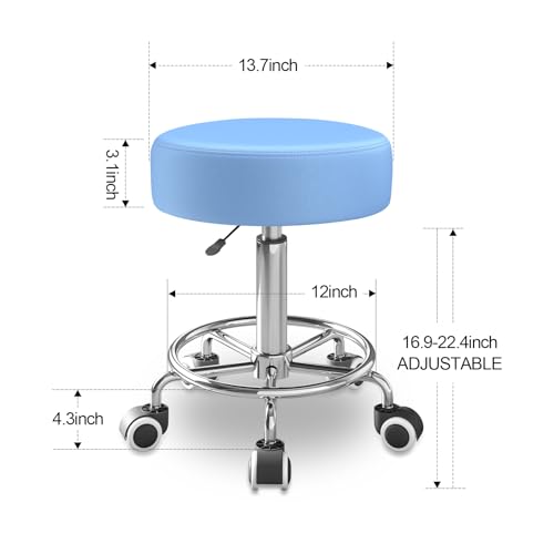 Rolling Stool, Heavy Weight Capacity 250lb, PU Leather Rolling stools, Ultra Soft Padded Seat, Rolling Stools with Wheels and Footrest, 360¡Æ Swivel, Spa Drawing Salon Work Office Tattoo Stool (blue)