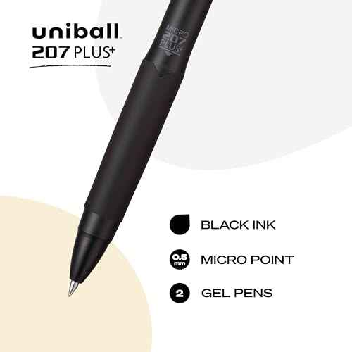 Uni-Ball 207+ Black Retractable Gel Pens 2 Pack with Micro 0.5mm Points, Fraud Proof Office, Nursing, Business, School, Bible Pens