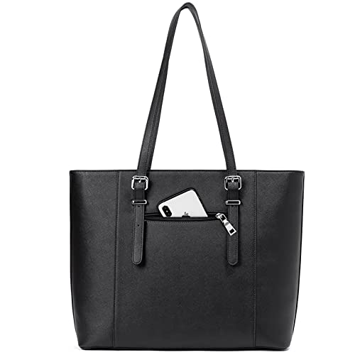 Telena 15.6 Inch Laptop Tote Bag for Women, Black Leather Briefcase, Large Capacity