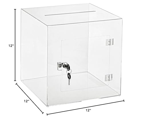 AdirOffice 12" x 12" Acrylic Ballot Box Donation Box with Easy Open Rear Door - Durable Acrylic Box with Lock - Ideal For Voting, Charity & Suggestion Collection - Clear