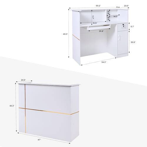 50-Inch Modern Reception Desk with Lockable Drawer, Keyboard Tray, Built-In Power, LED Lights
