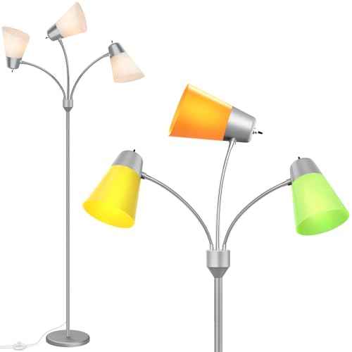 FOLKSMATE LED Floor Lamp, Medusa 3 Head Modern Adjustable Gooseneck Tall Standing Light for Living/Kids Room, Bedroom, Silver Grey