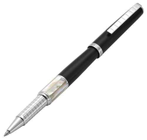 Xezo Speed Master Fine Rollerball Pen. Matte Black with White Mother of Pearl. Chrome Plated. Sporty Lightweight Brass Body. Each Unique