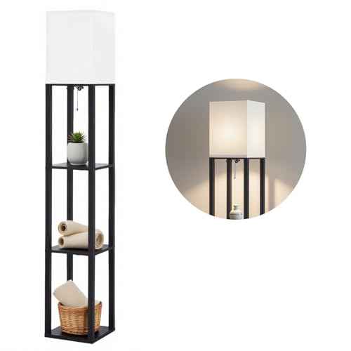 Floor Lamp with Shelves, Modern Square Shelf Lamp for Living Room, Corner Display Standing Lamp, Tall Lamp with White Shade for Bedroom, Office, Home Decor (Black)