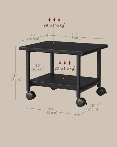 VASAGLE Ebony Black 2-Tier Mobile Printer Stand with Locking Wheels, Under Desk Office Table