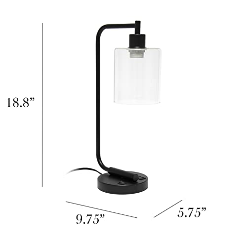 Simple Designs LD1066-BLK-LB Industrial Vintage Bronson Iron Lantern Desk Table Lamp with USB Port and Glass Cylinder Shade for Office, Living Room, Bedroom, Black, with Feit LED Bulb Included