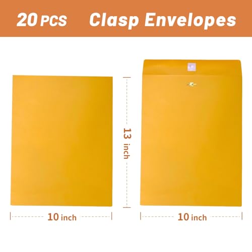 Creebe Yellow Clasp Envelopes 10x13 Pack of 20 - Manilla Mailing Envelopes with Gummed Seal