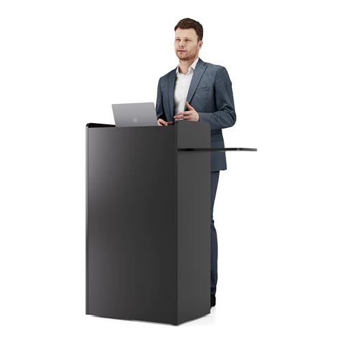 LayBurst 45in Wooden Podium with Lockable Wheels, Side Shelf, 15mm Particle Board – Black
