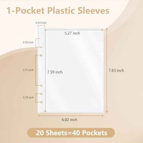 20 Sheets Clear Binder Sleeves Pocket Sheets Protectors Double Sided Plastic Sleeves for Binder Refill, Photo Card Sticker Organizer Pocket Pages Binder Inserts for 6 Ring A5 Binder (1-Pocket)