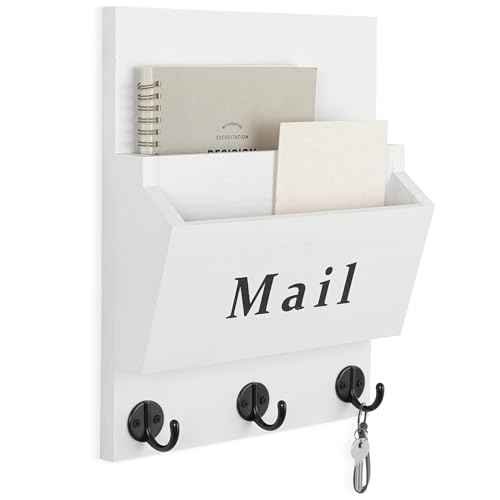 Mail and Key Holder - Decorative 8.86" x 11.42" Wall Key Hanger with 2 Mail Organizer Slots and 3 Hooks - Real Paulownia Wood with Keyhole Brackets, Hardware and Instructions (White)