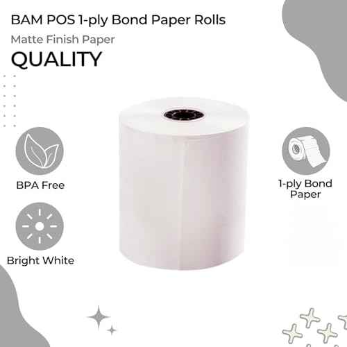 BAM POS 3" x 150' 1ply Bond Receipt Paper Rolls for Kitchen Impact Printers TMU200 SRP275 Star SP700 Suitable For Printing Kitchen Tickets and Order Receipts (24 Rolls Per Case)