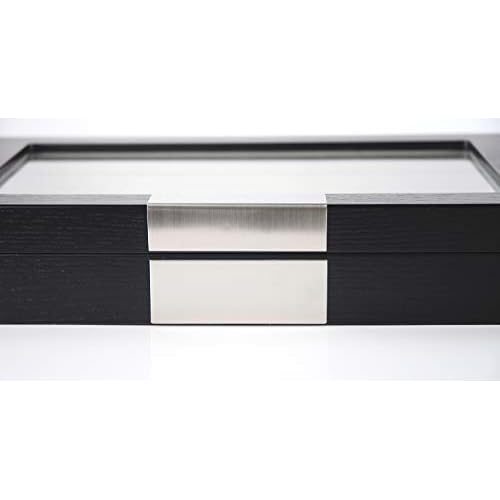 TIMELYBUYS 10 Piece Black Ebony Wood Pen Display Case Storage and Fountain Pen Collector Large Organizer Box with Glass Window Display Case