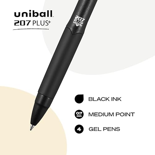 Uni-Ball 207 Plus+ Gel Pens Pack of 4 - Black Ink, 0.7mm Medium Point, Retractable