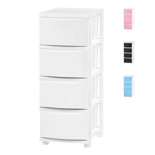 IRIS USA Plastic Drawer Storage Organizer, 4-Drawers, for Classroom Art Supplies Bathroom Dorm Bedroom Laundry Room, Slim Narrow, White Frame with Matte White Front Panels