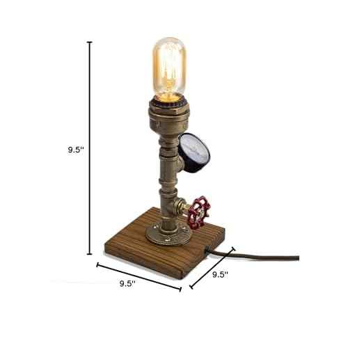 Steampunk Lamp with Dimmer, Dimmable Loft Style Industrial Vintage Antique Style Light with Bulb, Wood Base with Iron Piping Desk Lamp, Retro Desk Lamp LL-025