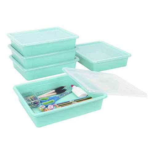 Storex Letter Size Flat Storage Tray ? Organizer Bin with Non-Snap Lid for Classroom, Office and Home, Teal, 5-Pack (62541U05C)