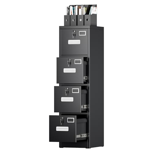SUXXAN 4 Drawer File Cabinet, Metal Vertical Black Filing Cabinets with Locks Name Card Holder for Home Office, Assembly Required