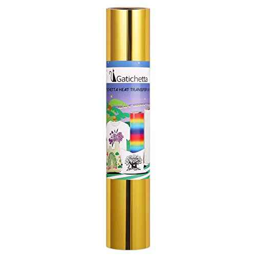 Gatichetta Heat Transfer Vinyl Roll, Metallic Foil Gold Iron On Vinyl 12" X 25ft Chrome HTV Vinyl for Garments