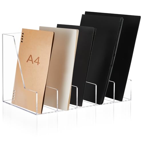 Suzile Clear Acrylic Magazine File Holder with Vertical Compartments Desk Organizer Book Rack for Desk Sorter Paper Folder Office Accessories (Groovy,15.75 x 9.45 x 8.86 Inch)