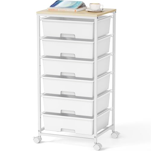 Rolling Storage Cart with Drawers,Utility Cart with 6 Large Drawers and Wooden Tabletop,Craft Storage Cart with Lockable Wheels for Bedroom, Office, Classroom, Kids'Room, Living Room (White)