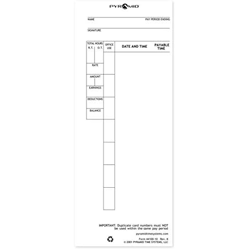 Pyramid Time Systems, 44100-10PK5, 500 Count Genuine and Authentic Time Cards for 4000, 4000Pro, 4000ProK and 5000 Series Time Clocks from Pyramid, Time Cards, White, 3.5 by 9 inches