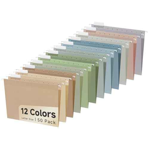 50pcs Decorative Hanging File Folders,Filing Cabinet, Letter Size with 1/5-Cut Adjustable Tab Durable 12 Color Assorted, 50 pcs Per Box,Cute,Color,Pink,Pastel