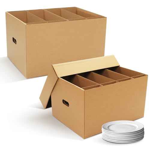 2 Pack Large Dish Packing Boxes for Moving with Divider 20 x 15 x 12 Inch Kitchen Moving Boxes with Reinforced Handle Lid Packing Supplies for Dishes and Glassware