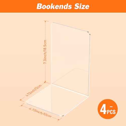 Acrylic Bookends 4 Pcs, Clear Book Ends for Shelves, Transparent Bookend Organizer, Book Holder Stand Decorative, Book Stoppers for Heavy Duty Books, CD, File, Video Games