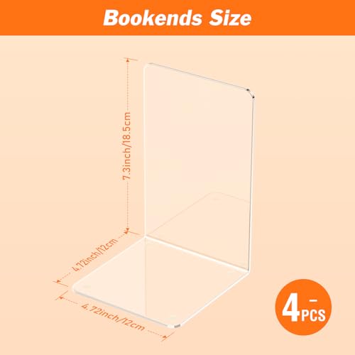 Clear Acrylic Bookends 4 Pcs - Sturdy L-Shaped Organizer for Shelves - Dooiclear