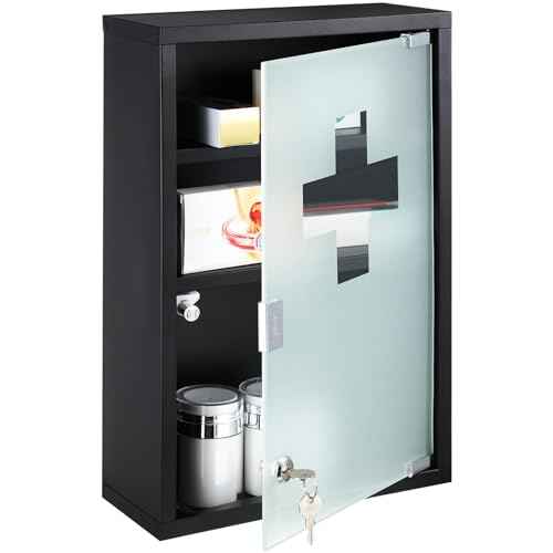 Timgle First Aid Wall Cabinet with Lock Medicine Wall Mounted Bathroom Storage Hanging Medical Cabinet with Safety Glass Door for Bathroom(3 Shelves,Black)