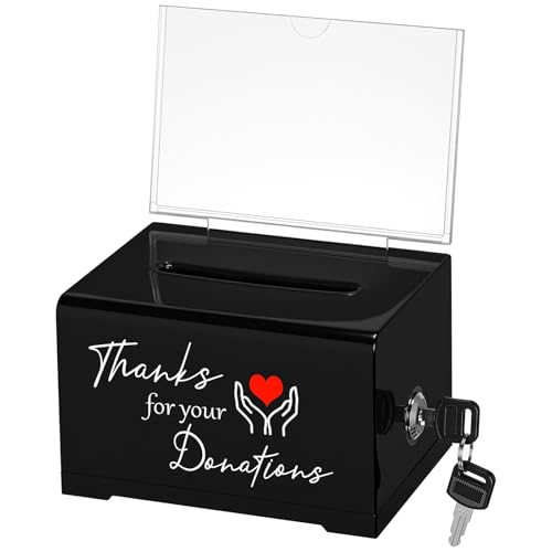 Black Donation Box with Lock & 2 Keys - Acrylic Fundraising Box with Gratitude Message