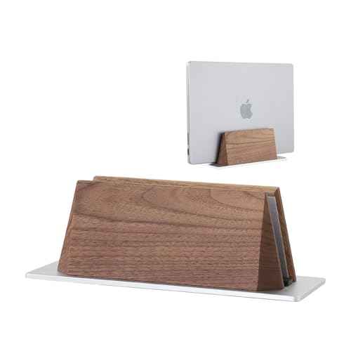 muso wood Vertical Laptop Stand, Walnut Laptop Holder Desktop Stand with Adjustable Dock Size, Wooden Laptop Stand for MacBook Pro and Other Laptops