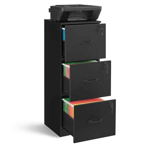 VASAGLE 3 Drawer File Cabinet, File Cabinet with Lock, Printer Stand, Office Filing Cabinet Organizer, for A4 and Letter Size Files, Ink Black UOFC055B16