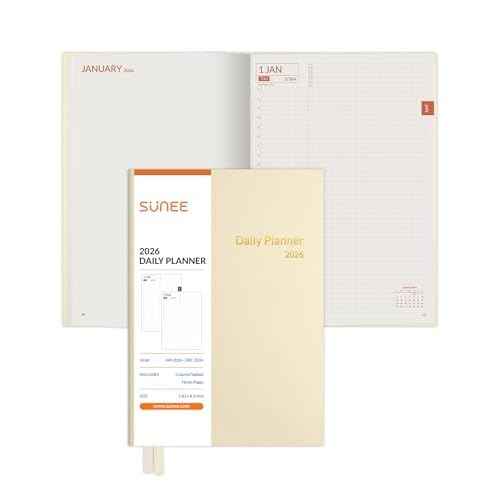 SUNEE 2026 Daily Planner A5 Hardcover ? Hourly Schedule Organizer with Monthly Tabs & Task Tracker ? Beige Cover Time Management Notebook for Work, School, Personal Goals