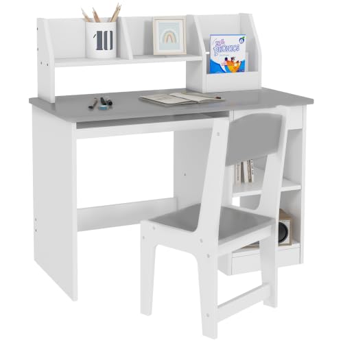 Qaba Grey Kids Desk and Chair Set with Storage, 5-8 Years
