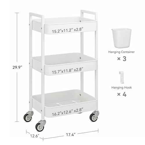 3 Tier Rolling Cart,Utility Cart with Locking Wheels, Hanging Cups,&Hooks, Heavy Duty Metal Storage Organizer Cart for Kitchen,Office, Bathroom,Craft Room,White