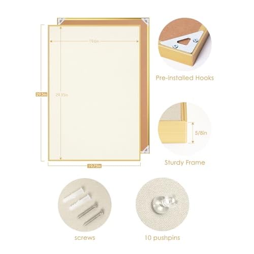 Bulletin Board 30 x 20 inches, Oatmeal White Pin Board, Golden Aluminum Framed Fabric Cork Board with 10 Push Pins
