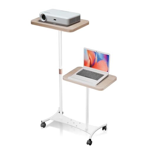 2 Shelves Projector Stand, Mobile Laptop Cart on Wheels Projector Stand Adjustable Height 20 to 53 Inches, Overbed Table with 5 Lockable Casters, Rolling Laptop Floor Stand for Couch (White)