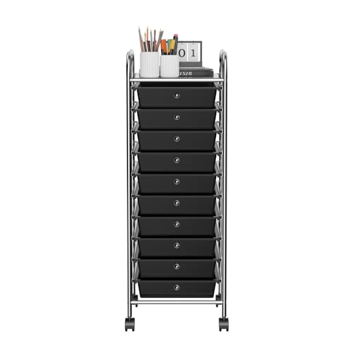 OfficeJOY Black 10-Drawer Rolling Storage Cart with Lockable Wheels & Handles