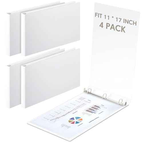 4 Pcs 11 x 17 Inch 3 Ring Binders 1 Inch Rings Heavy Duty View Plastic Flexible D Ring Binders Economy Holds 11" x 17" Paper for Artwork Blueprints, Office, Home, Work Places (White)