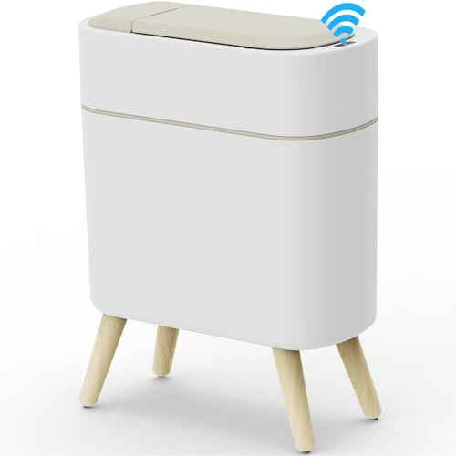 Yatmung Motion Sensor Bathroom Trash Can with Lid 2.5 Gal Smart Trash Bin - Waste Basket for Bedroom, Office, Living Room - Slim Bathroom Garbage Can Automatic Touchless - White with Wooden Legs