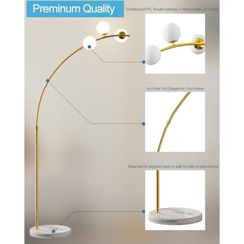 Lightdot 3 Globe Modern Floor Lamp for Living Room, Contemporary Gold Arc Floor Lamp with Shatterproof Shade and Bulbs Included£¬Mid Century Standing Lamp for Bedroom & Home Office