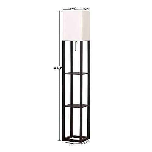 HomeFocus - Floor Lamp with Shelves,Shelf Floor Lamp with LED Bulb,Bookshelf Corner Display Lamp for Living Room,Bedroom and Office,White Linen Shade,Rustic Wood,Black