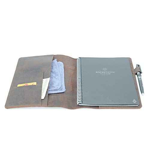 JJNUSA Compatible with Rocketbook Cover Smart Business Genuine Leather Notebook Cover for Everlast, Fusion, Wave, Moleskin A5 with Pen Loop & Business Card Holder, Executive 6" x 8.8" Darbrown
