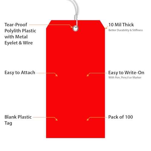 SmartSign (Pack of 100) Red Plastic Tags with Wires, 6.25 x 3.125 inch, Metal Eyelet, 10 mil Tear-Proof Polylith Plastic, Writable