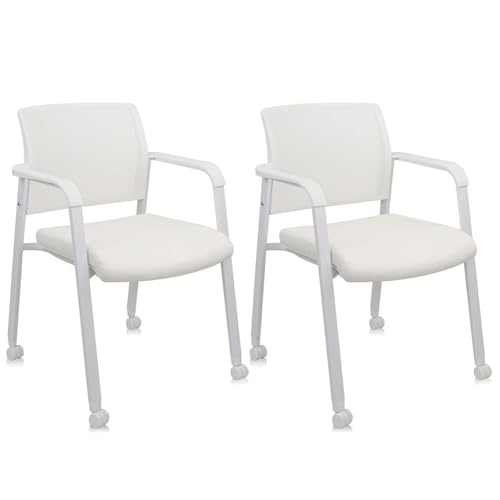 CLATINA 2-Pack White Stacking Office Chairs with Wheels – Mesh Back, Thick Leather Seat & Arms, Ergonomic Lumbar Support