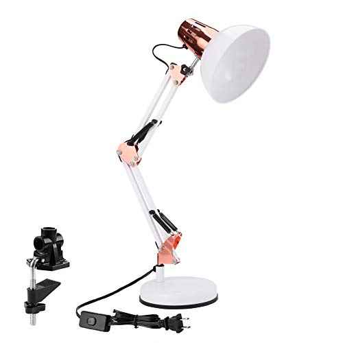 PowerKing Metal Swing Arm Desk Lamps, Adjustable and Flexible,Feading with Base and Clip 2-in-1 Function, Fit E26&E27 Bulbs Base, Application in Bedroom Living Room, Office Home (White+Rose Gold)